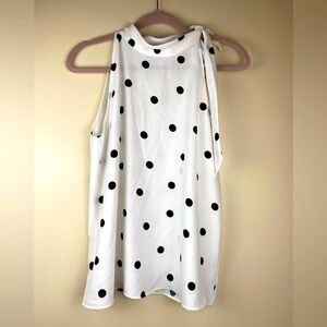 Anne Taylor Factory white and black Polk a dot sleeveless blouse with necktie.